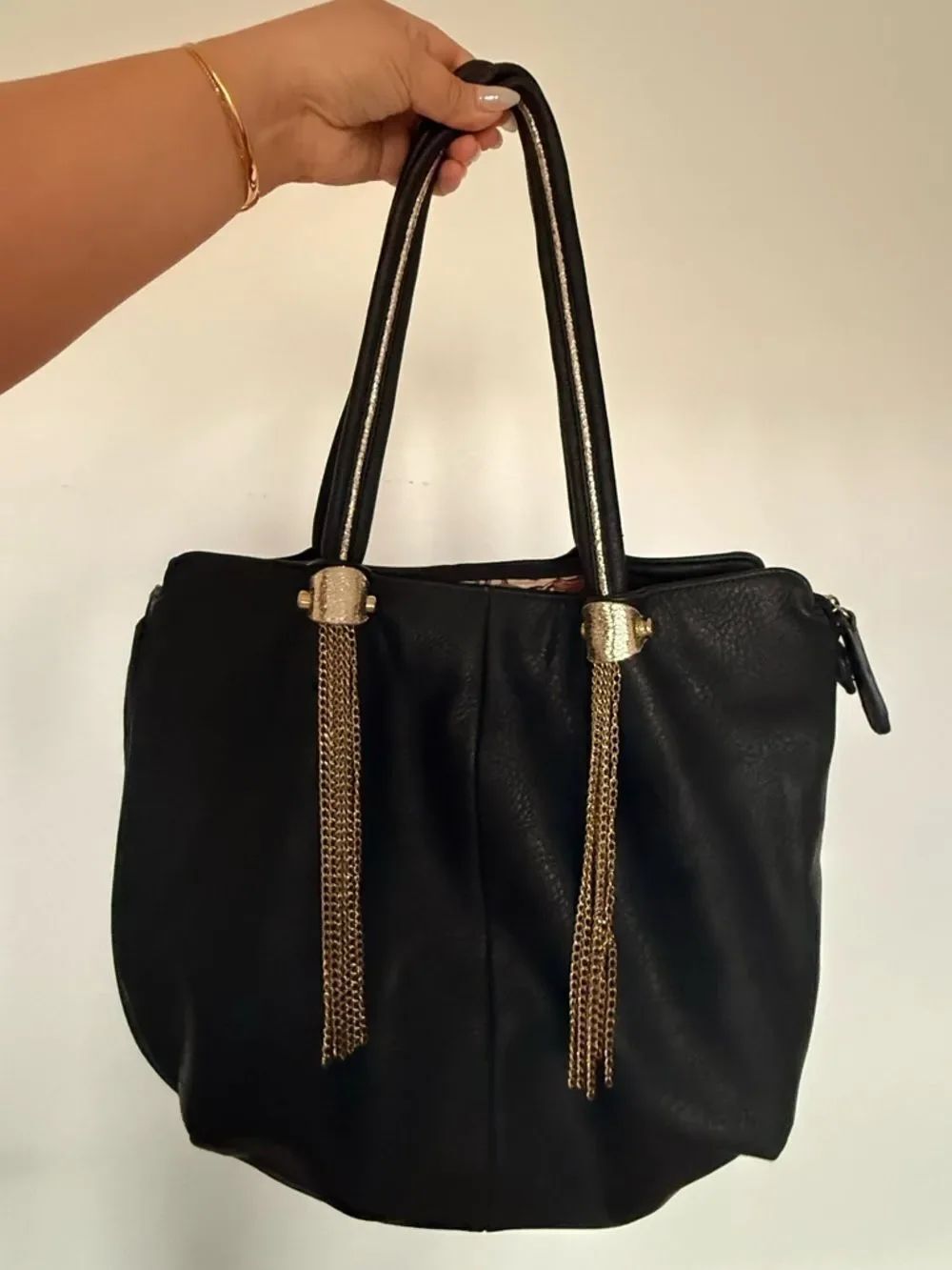 Bohemian Black Tote with Gold Chain Tassels